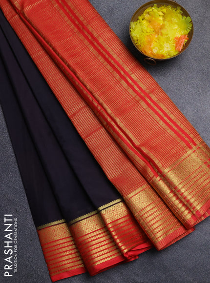 Semi mysore silk saree coffee brown and red with plain body and zari woven border