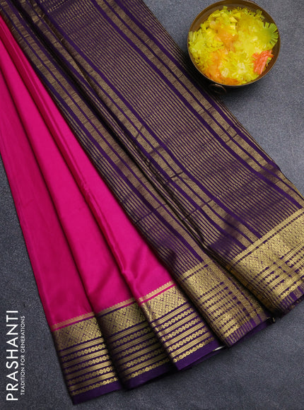 Semi mysore silk saree pink and violet with plain body and zari woven border