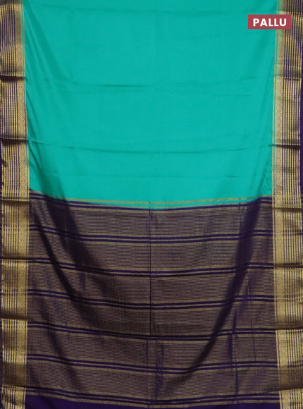 Semi mysore silk saree teal green and violet with plain body and zari woven border