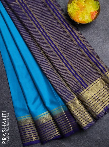 Semi mysore silk saree cs blue and navy blue with plain body and zari woven border