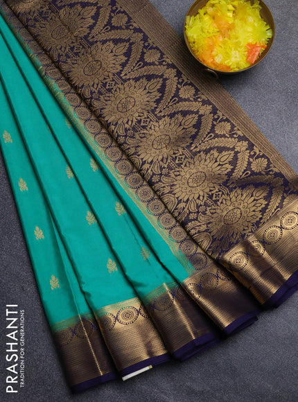 Semi mysore silk saree teal green and navy blue with allover zari woven border and zari woven border