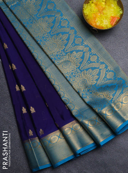 Semi mysore silk saree navy blue and teal blue with allover zari woven border and zari woven border