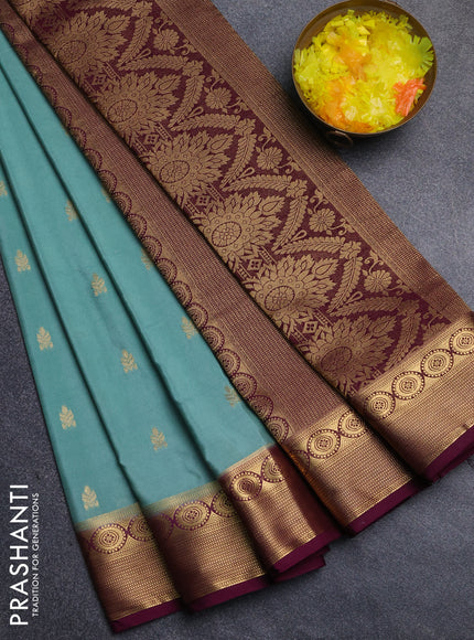 Semi mysore silk saree pastel green and wine shade with allover zari woven border and zari woven border