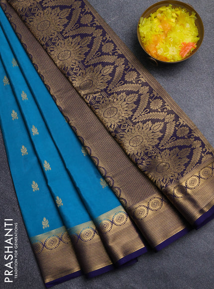 Semi mysore silk saree teal blue and navy blue with allover zari woven border and zari woven border