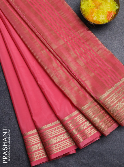 Semi mysore silk saree peach pink with plain body and zari woven border