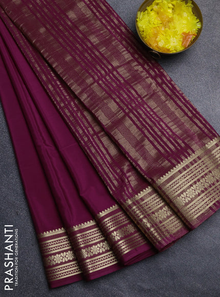 Semi mysore silk saree wine pink with plain body and zari woven border