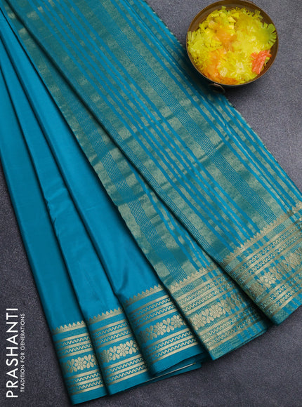Semi mysore silk saree teal green with plain body and zari woven border