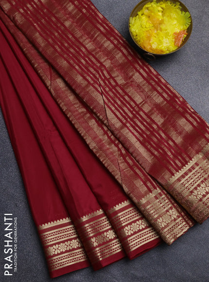 Semi mysore silk saree maroon with plain body and zari woven border
