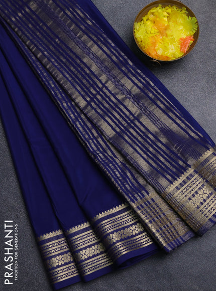 Semi mysore silk saree navy blue with plain body and zari woven border