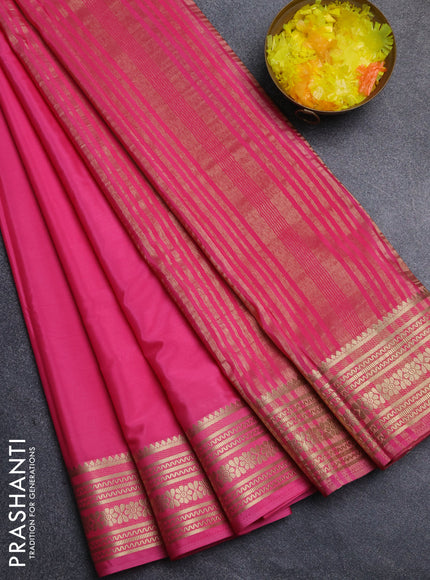 Semi mysore silk saree peach pink with plain body and zari woven border