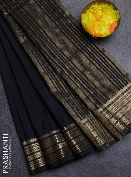 Semi mysore silk saree black with plain body and zari woven border