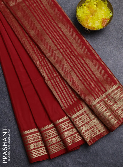 Semi mysore silk saree red with plain body and zari woven border