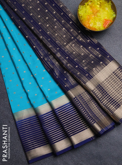 Semi mysore silk saree cs blue and navy blue with allover zari woven buttas and long zari woven border