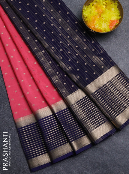 Semi mysore silk saree peach pink and navy blue with allover zari woven buttas and long zari woven border