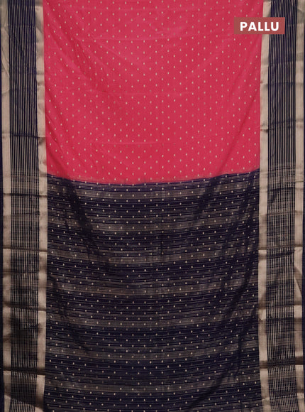 Semi mysore silk saree peach pink and navy blue with allover zari woven buttas and long zari woven border