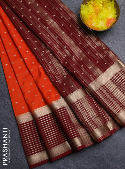 Semi mysore silk saree orange and maroon with allover zari woven buttas and long zari woven border