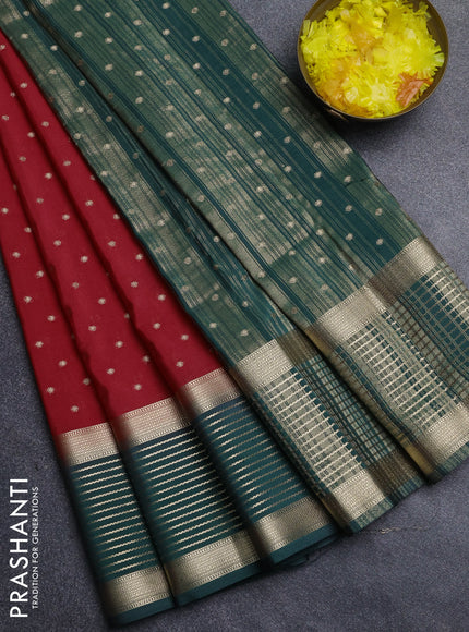 Semi mysore silk saree red and green with allover zari woven buttas and long zari woven border