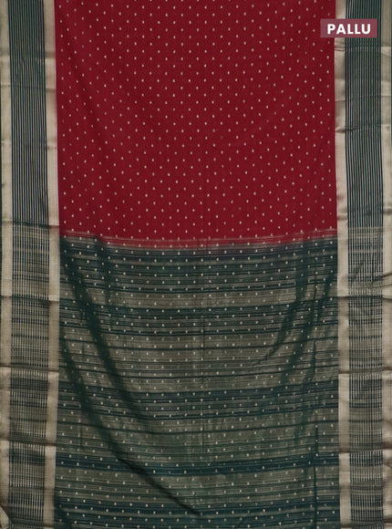 Semi mysore silk saree red and green with allover zari woven buttas and long zari woven border