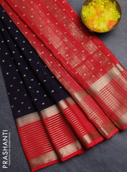Semi mysore silk saree navy blue and red with allover zari woven buttas and long zari woven border
