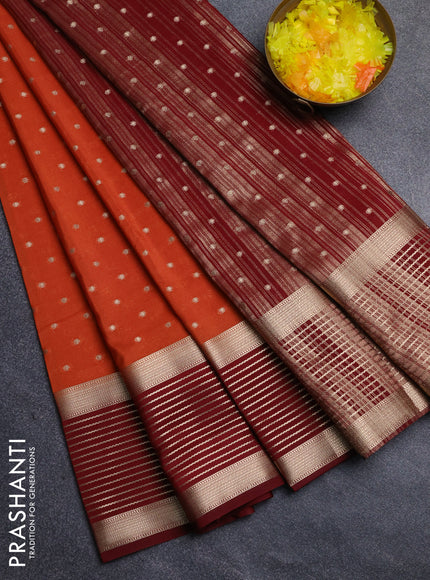 Semi mysore silk saree rust shade and maroon with allover zari woven buttas and long zari woven border