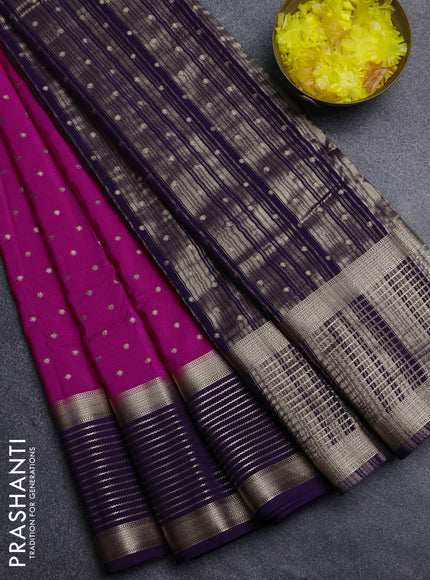 Semi mysore silk saree dark pink and violet with allover zari woven buttas and long zari woven border