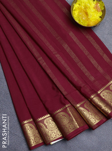 Semi mysore silk saree maroon with plain body and zari woven border