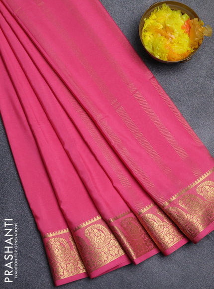 Semi mysore silk saree peach pink with plain body and zari woven border