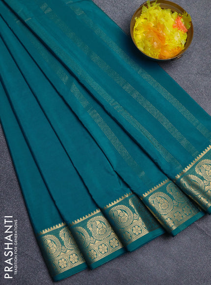 Semi mysore silk saree teal blue with plain body and zari woven border