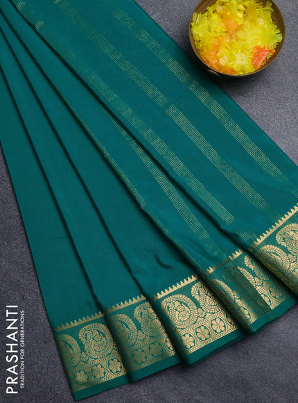 Semi mysore silk saree teal green with plain body and zari woven border