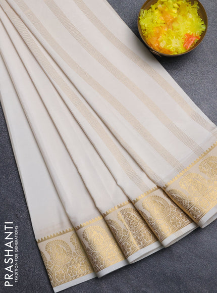 Semi mysore silk saree off white with plain body and zari woven border