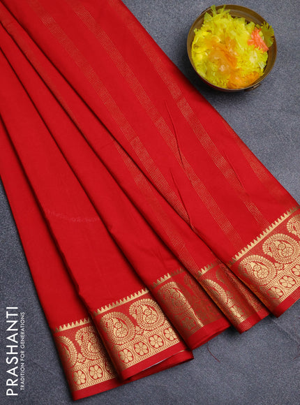 Semi mysore silk saree red with plain body and zari woven border
