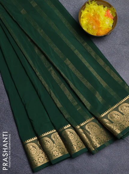Semi mysore silk saree bottle green with plain body and zari woven border