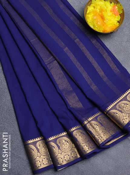 Semi mysore silk saree navy blue with plain body and zari woven border