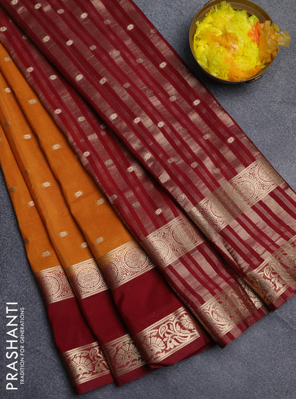 Semi mysore silk saree dark mustard and wine shade with allover zari woven buttas and long rettapet zari woven border