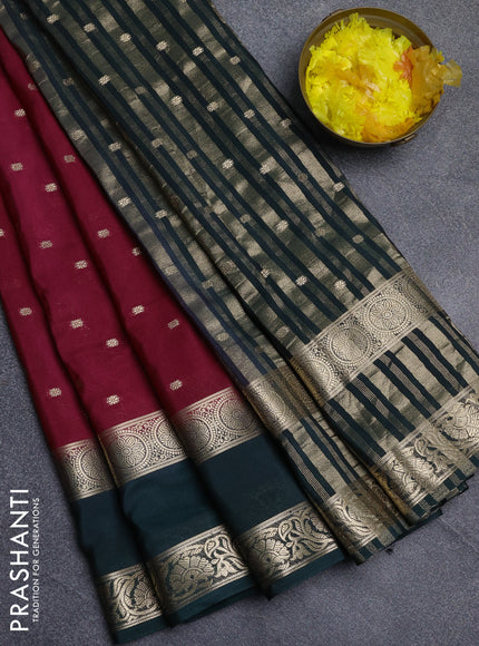 Semi mysore silk saree maroon and bottle green with allover zari woven buttas and long rettapet zari woven border