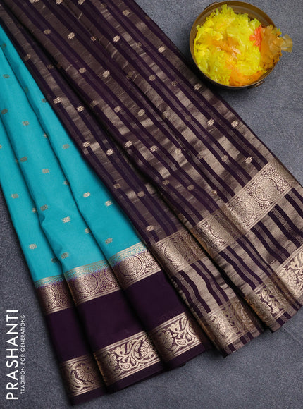Semi mysore silk saree light blue and jamun shade with allover zari woven buttas and long rettapet zari woven border