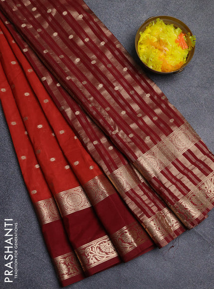 Semi mysore silk saree rustic orange and maroon with allover zari woven buttas and long rettapet zari woven border
