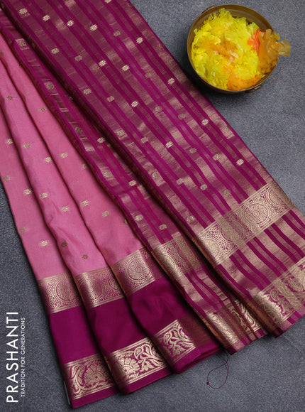 Semi mysore silk saree mauve pink and purple with allover zari woven buttas and long rettapet zari woven border