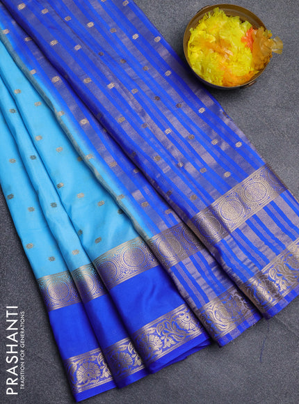 Semi mysore silk saree light blue and royal blue with allover zari woven buttas and long rettapet zari woven border