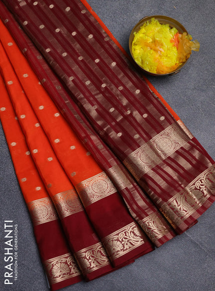 Semi mysore silk saree orange and wine shade with allover zari woven buttas and long rettapet zari woven border