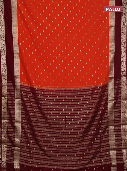 Semi mysore silk saree orange and wine shade with allover zari woven buttas and long rettapet zari woven border