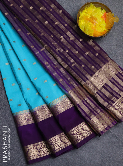 Semi mysore silk saree teal blue and violet with allover zari woven buttas and long rettapet zari woven border