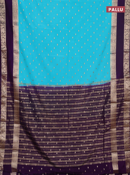 Semi mysore silk saree teal blue and violet with allover zari woven buttas and long rettapet zari woven border