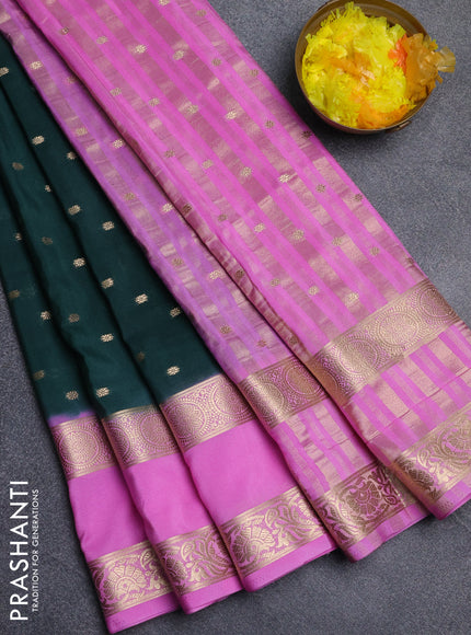 Semi mysore silk saree bottle green and light pink with allover zari woven buttas and long rettapet zari woven border