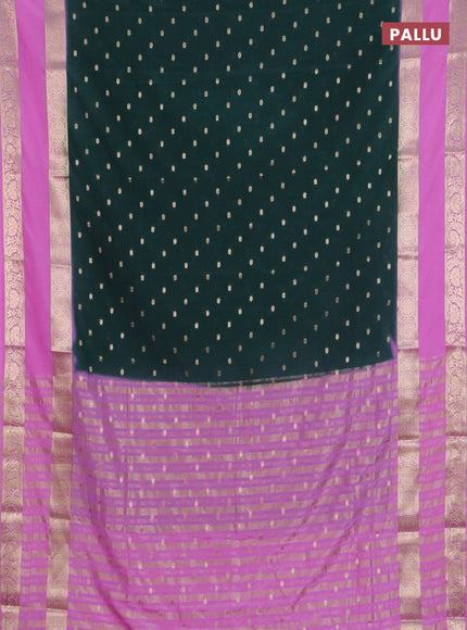 Semi mysore silk saree bottle green and light pink with allover zari woven buttas and long rettapet zari woven border
