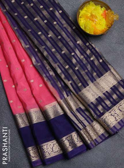 Semi mysore silk saree peach pink and navy blue with allover zari woven buttas and long rettapet zari woven border