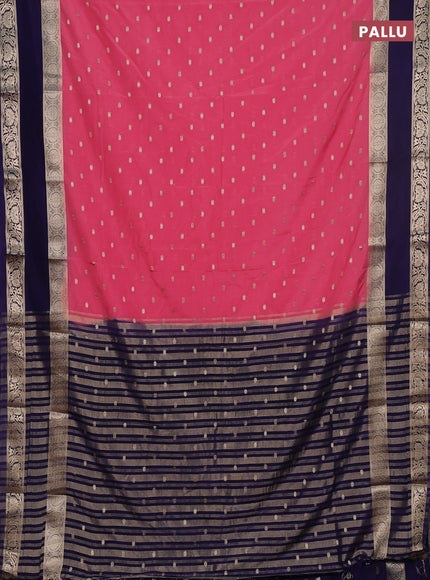 Semi mysore silk saree peach pink and navy blue with allover zari woven buttas and long rettapet zari woven border