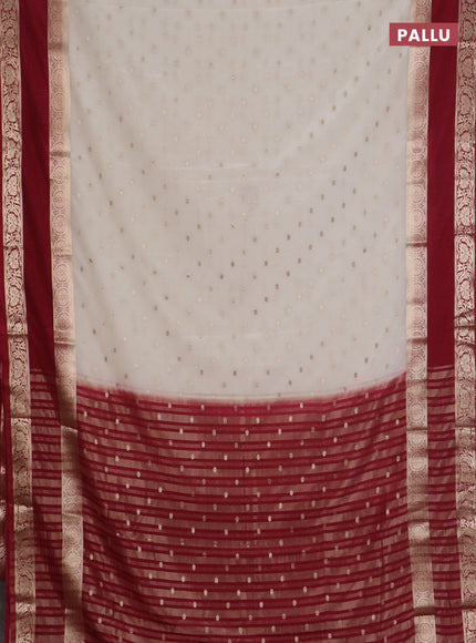 Semi mysore silk saree off white and maroon with allover zari woven buttas and long rettapet zari woven border