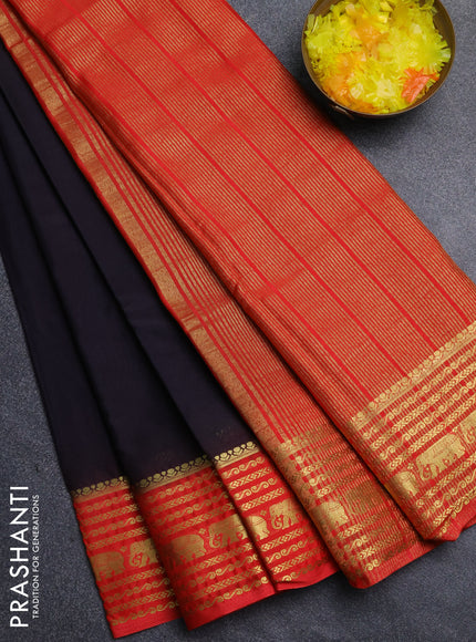 Semi mysore silk saree black and red with plain body and zari woven border