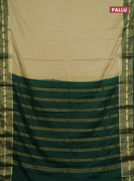 Semi mysore silk saree cream and bottle green with plain body and zari woven border